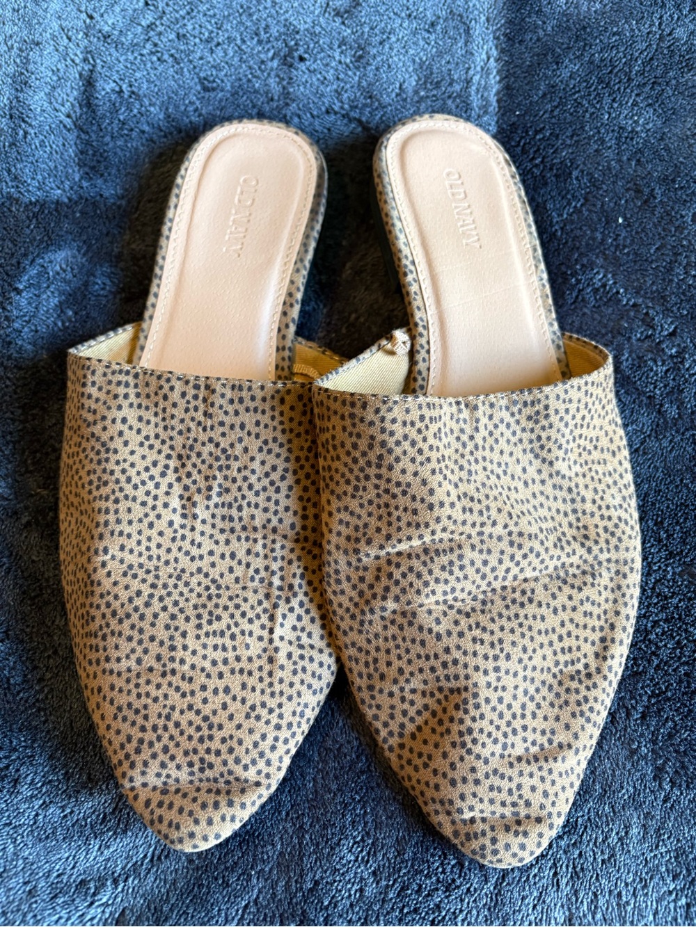 Old Navy Tan Slip-On Mules with Black Spot Print